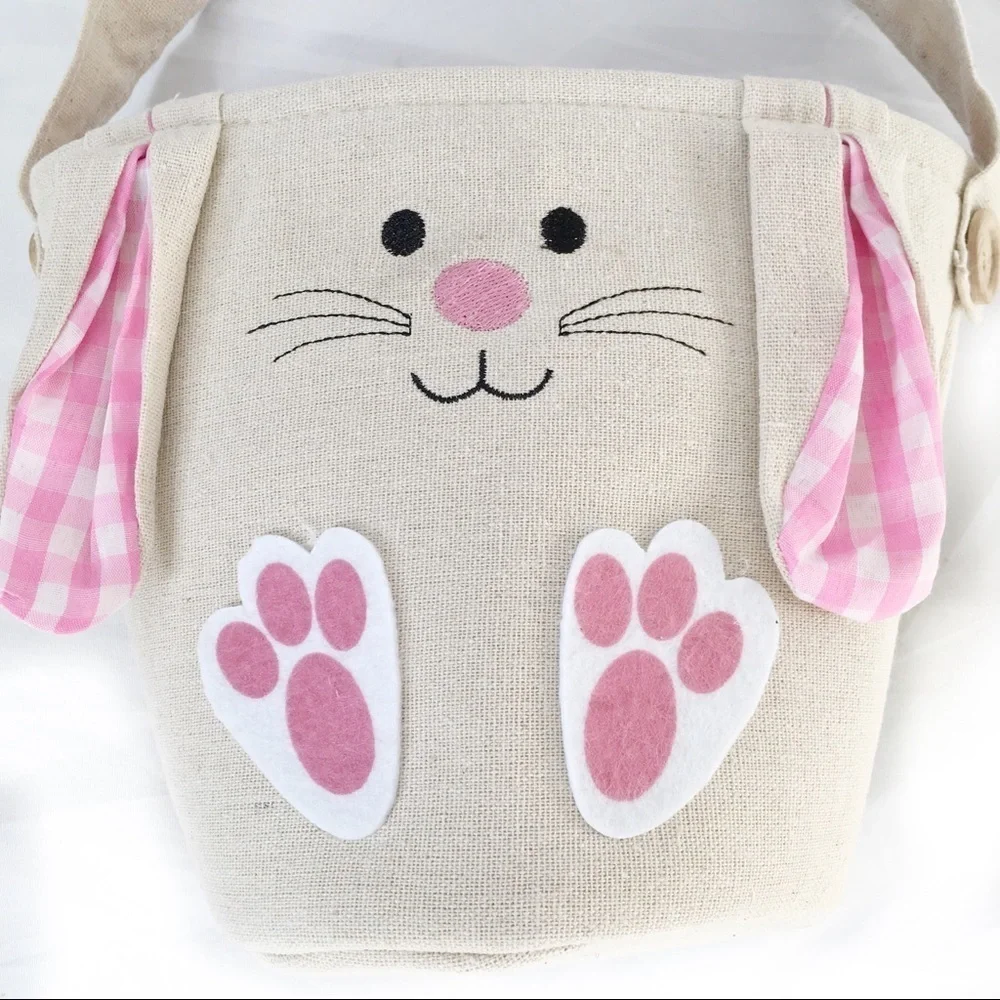 Easter Bunny Bucket Bag Tote Linen Canvas Gingham Floppy Ear Lined Pink Tan Girl